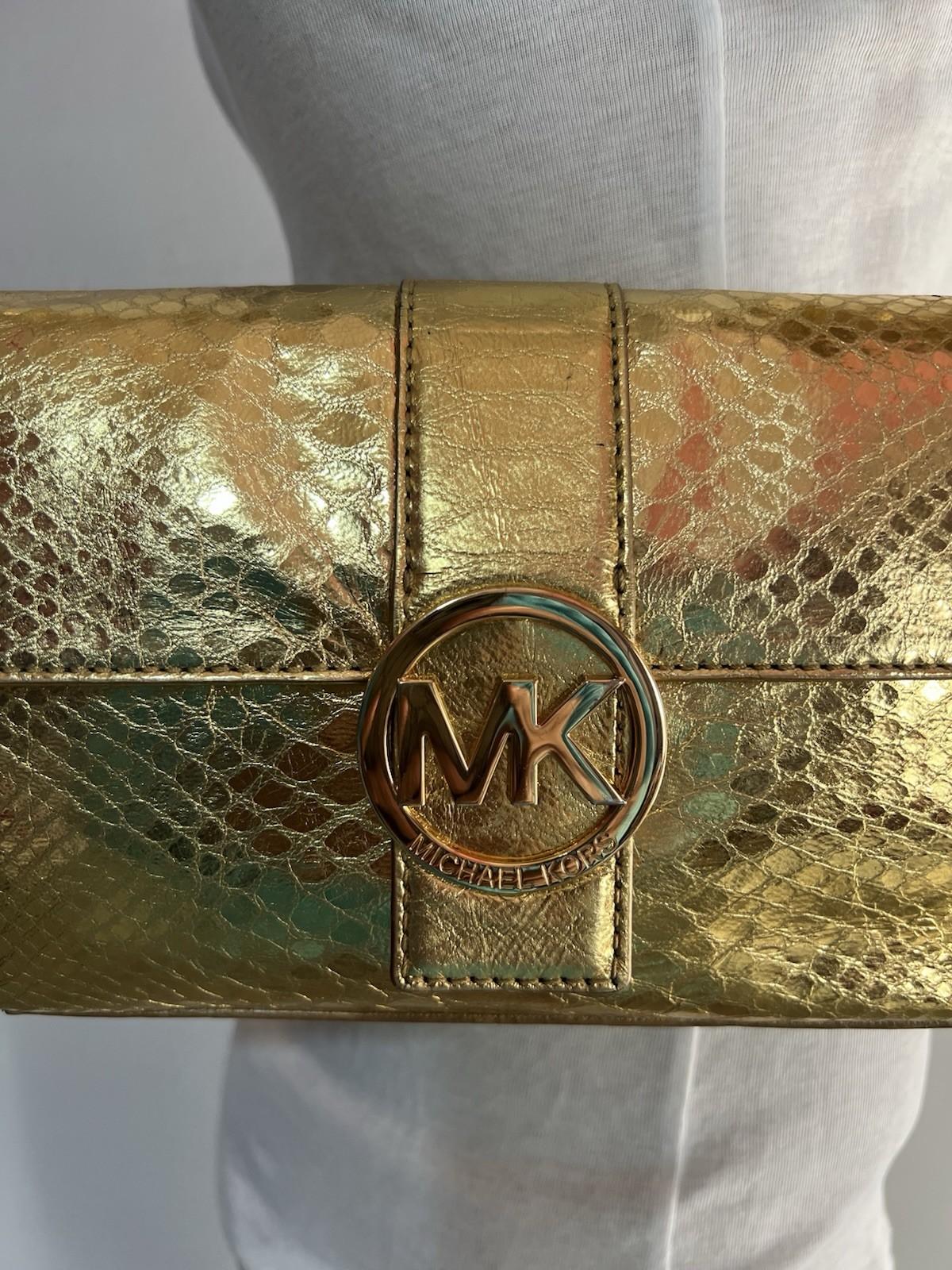 Michael Kors Gold Soft Python Leather Fulton Small Flap Shoulder Bag Clutch