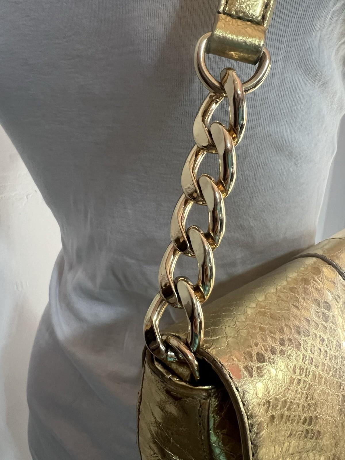 Michael Kors Gold Soft Python Leather Fulton Small Flap Shoulder Bag Clutch