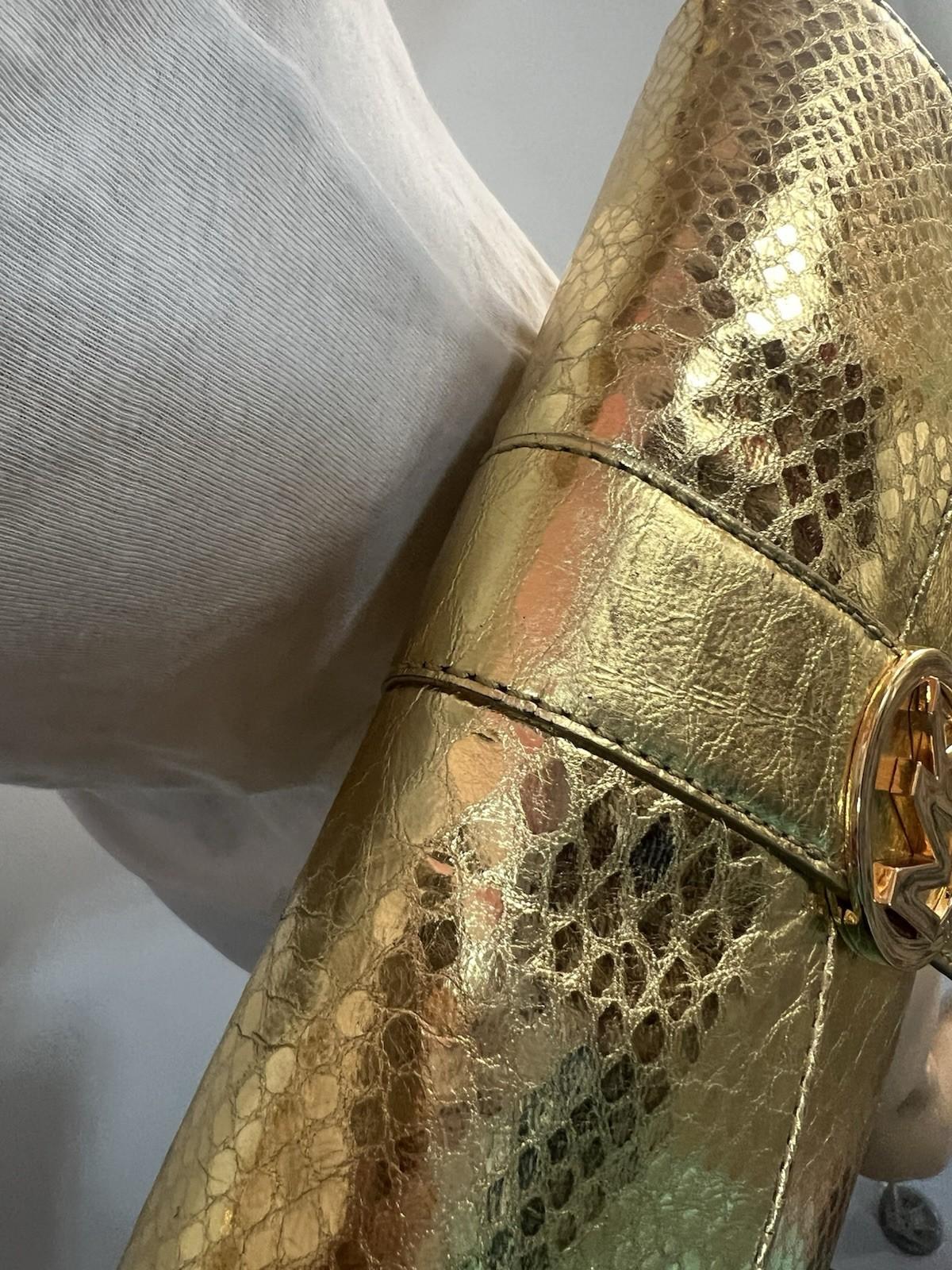 Michael Kors Gold Soft Python Leather Fulton Small Flap Shoulder Bag Clutch