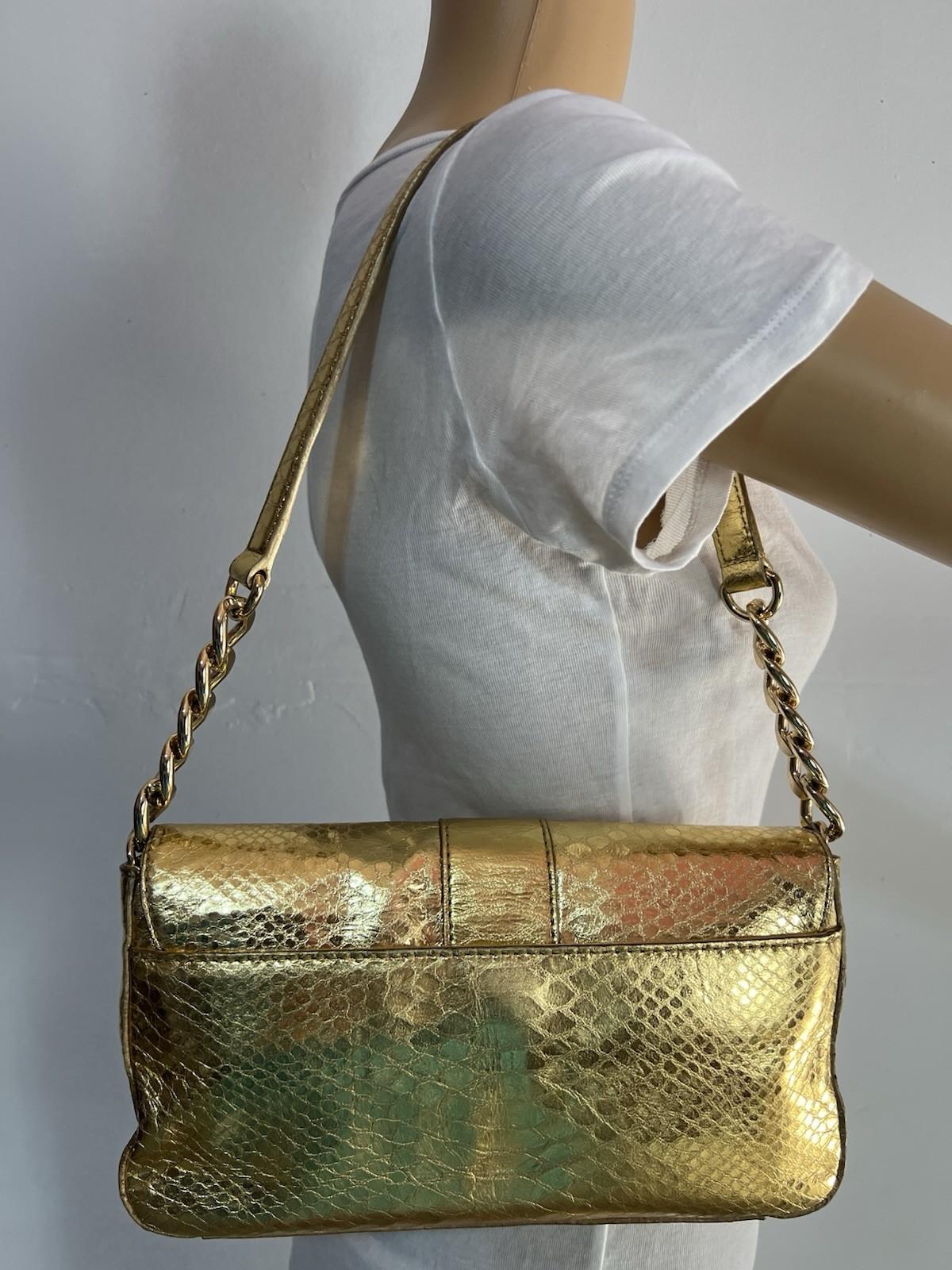 Michael Kors Gold Soft Python Leather Fulton Small Flap Shoulder Bag Clutch