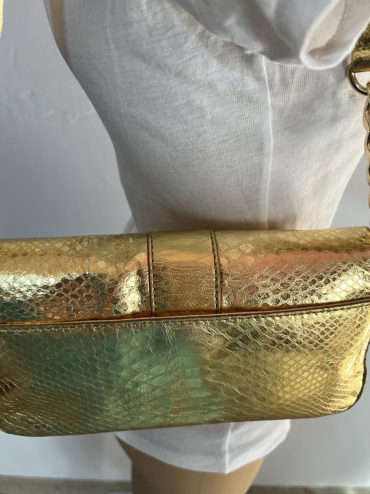 Michael Kors Gold Soft Python Leather Fulton Small Flap Shoulder Bag Clutch