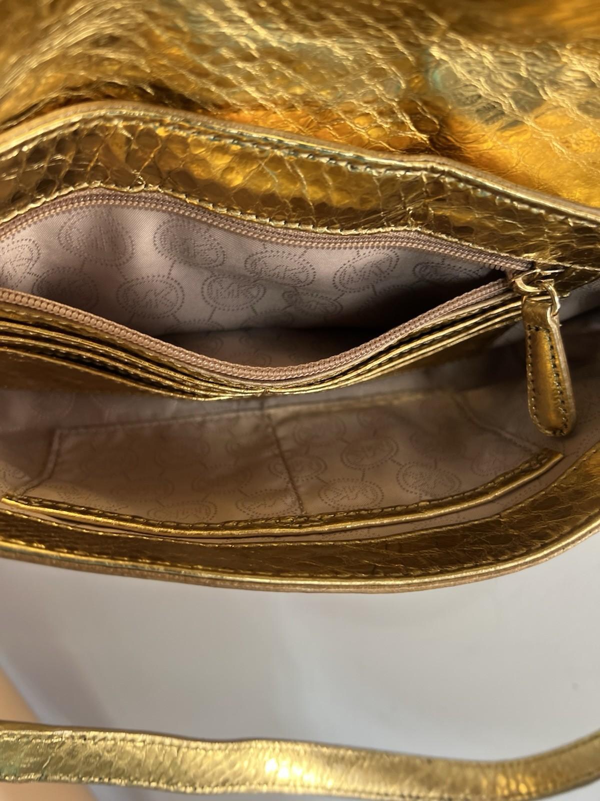 Michael Kors Gold Soft Python Leather Fulton Small Flap Shoulder Bag Clutch