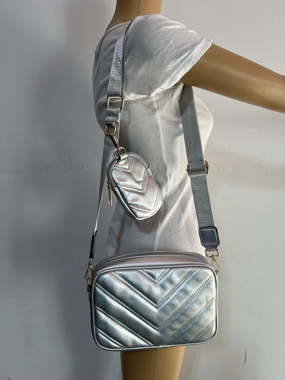 Herald Chevron Quilted Crossbody Camera Bag Detachable Coin Pouch Silver  Small