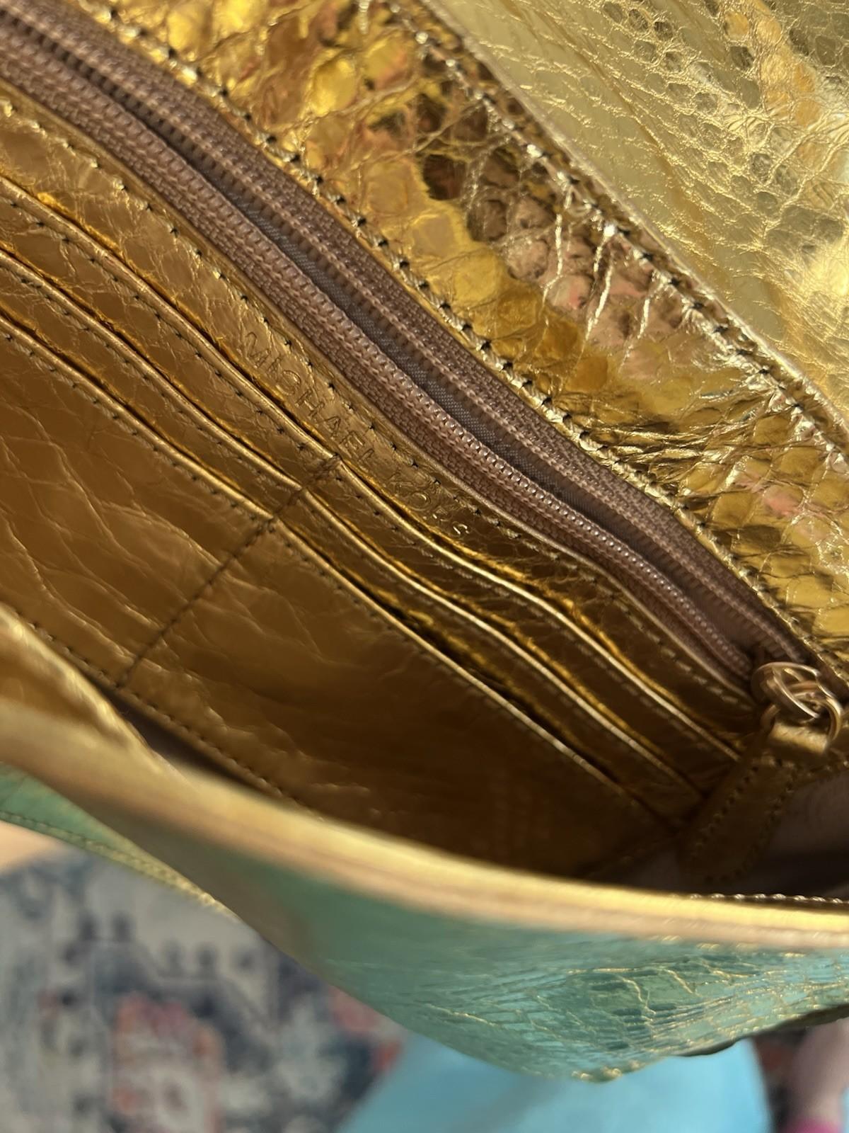 Michael Kors Gold Soft Python Leather Fulton Small Flap Shoulder Bag Clutch