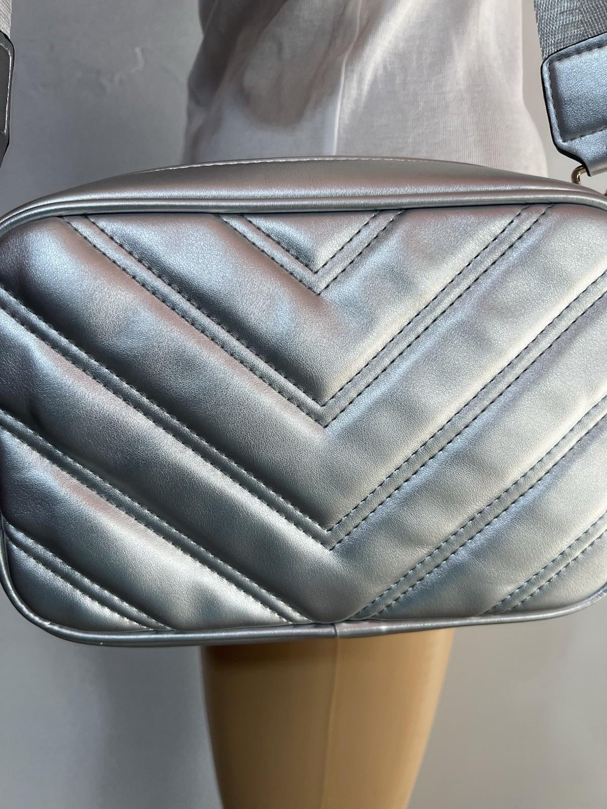 Herald Chevron Quilted Crossbody Camera Bag Detachable Coin Pouch Silver  Small
