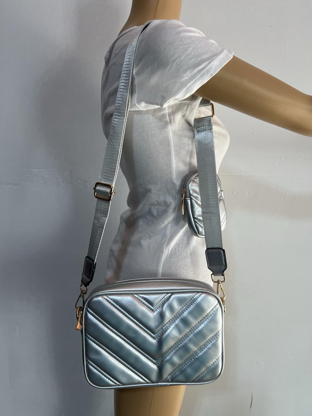 Herald Chevron Quilted Crossbody Camera Bag Detachable Coin Pouch Silver  Small