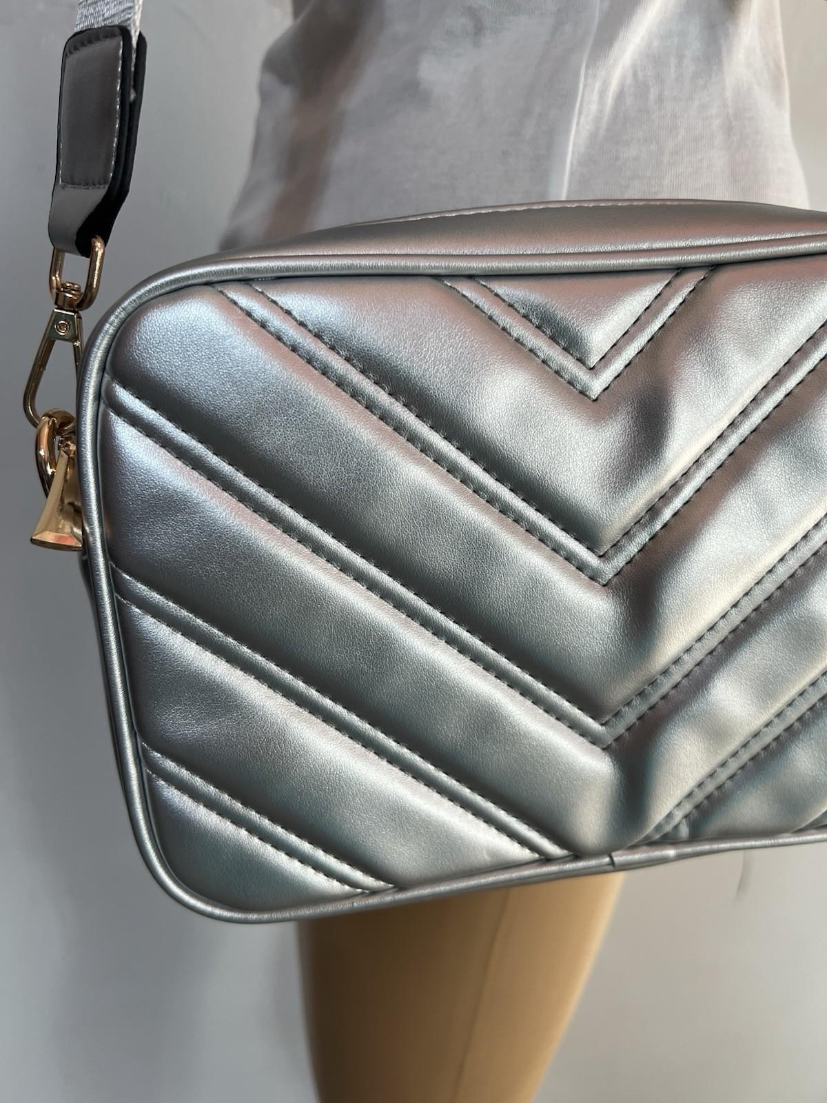 Herald Chevron Quilted Crossbody Camera Bag Detachable Coin Pouch Silver  Small