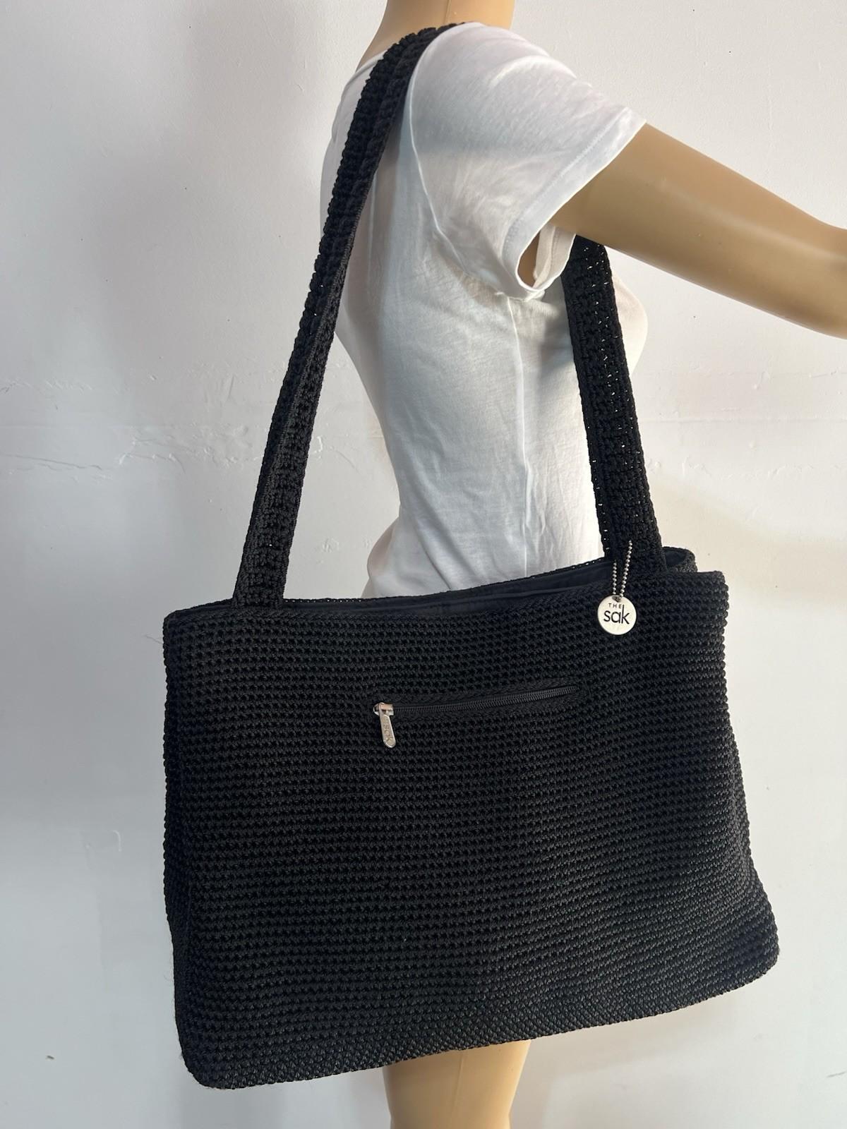 The Sak Woven Crochet Shoulder Bag Handbag Black Double Handle Large Dual Zipper