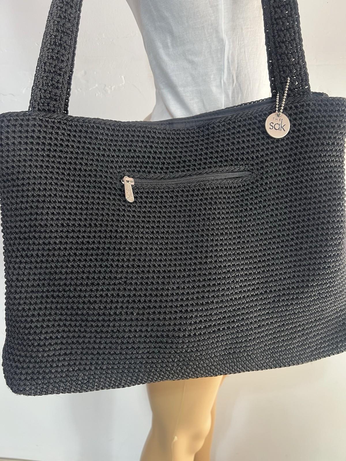 The Sak Woven Crochet Shoulder Bag Handbag Black Double Handle Large Dual Zipper