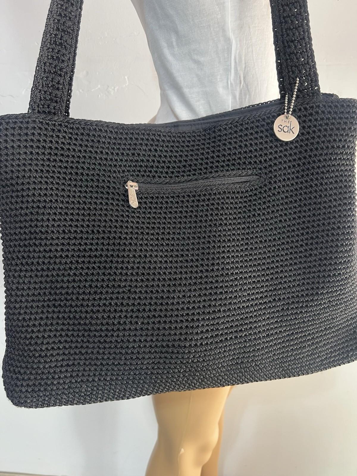 The Sak Woven Crochet Shoulder Bag Handbag Black Double Handle Large Dual Zipper