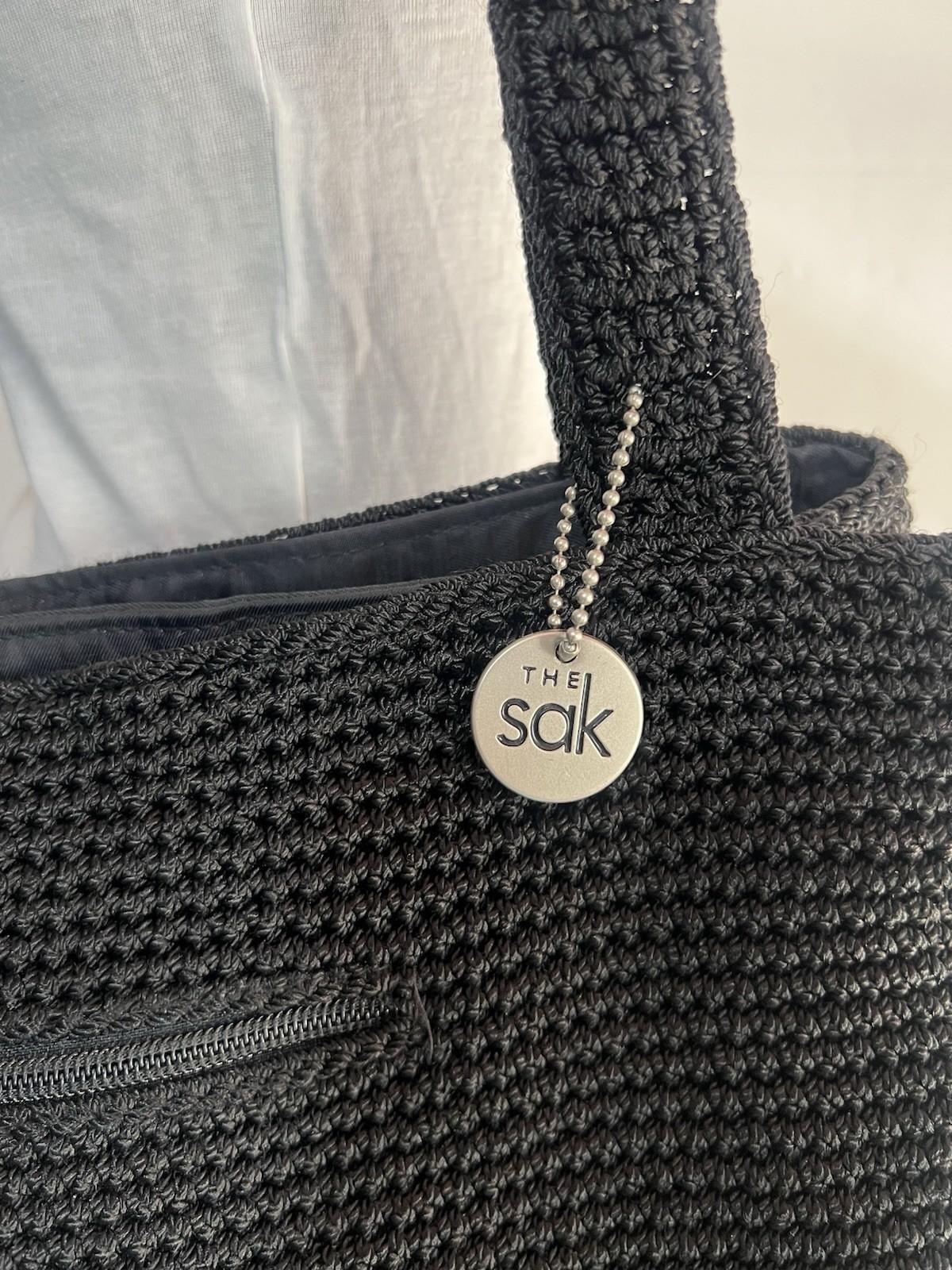The Sak Woven Crochet Shoulder Bag Handbag Black Double Handle Large Dual Zipper