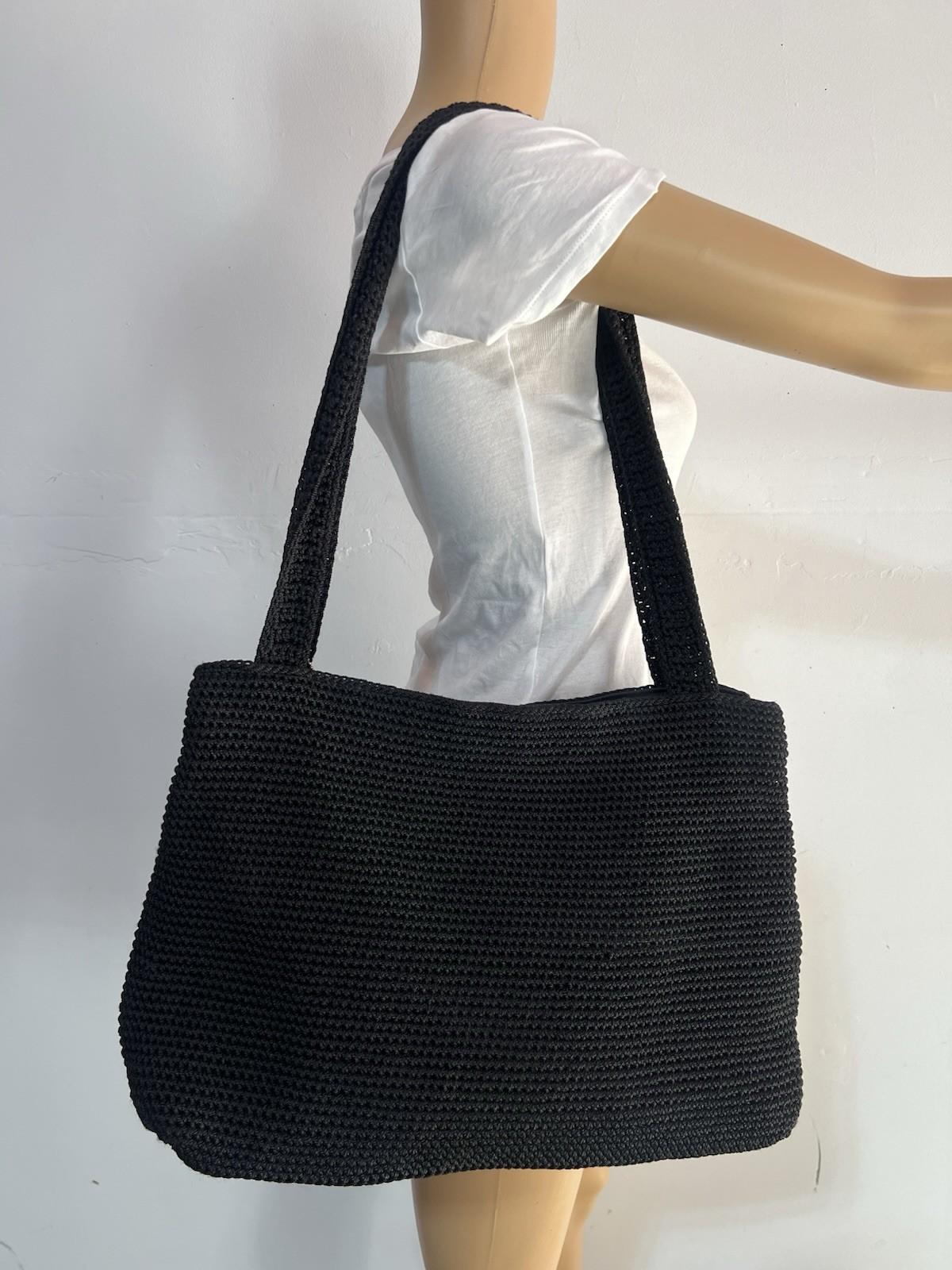 The Sak Woven Crochet Shoulder Bag Handbag Black Double Handle Large Dual Zipper