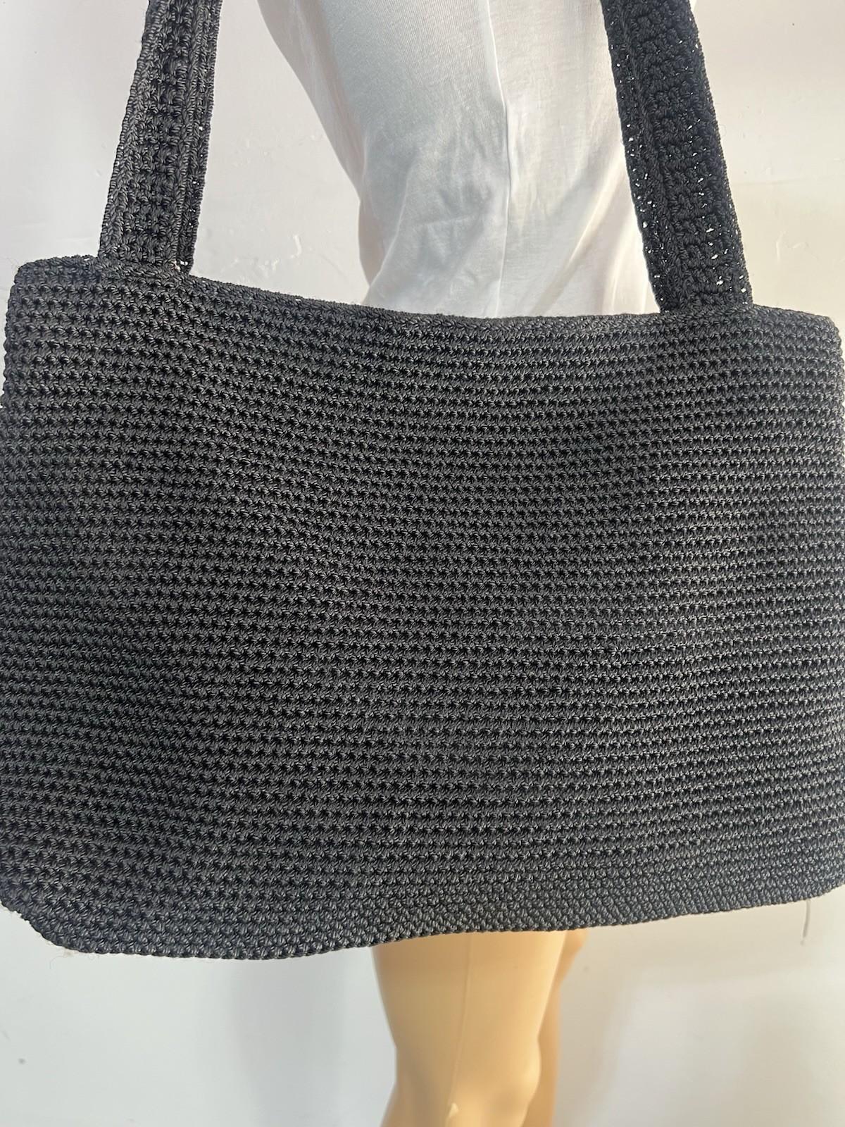 The Sak Woven Crochet Shoulder Bag Handbag Black Double Handle Large Dual Zipper