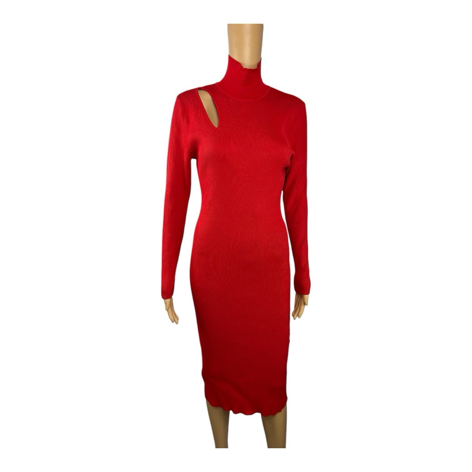 Gabrielle Union Tight Knit Sweater Dress Size L Red Long Sleeve Cutout Midi