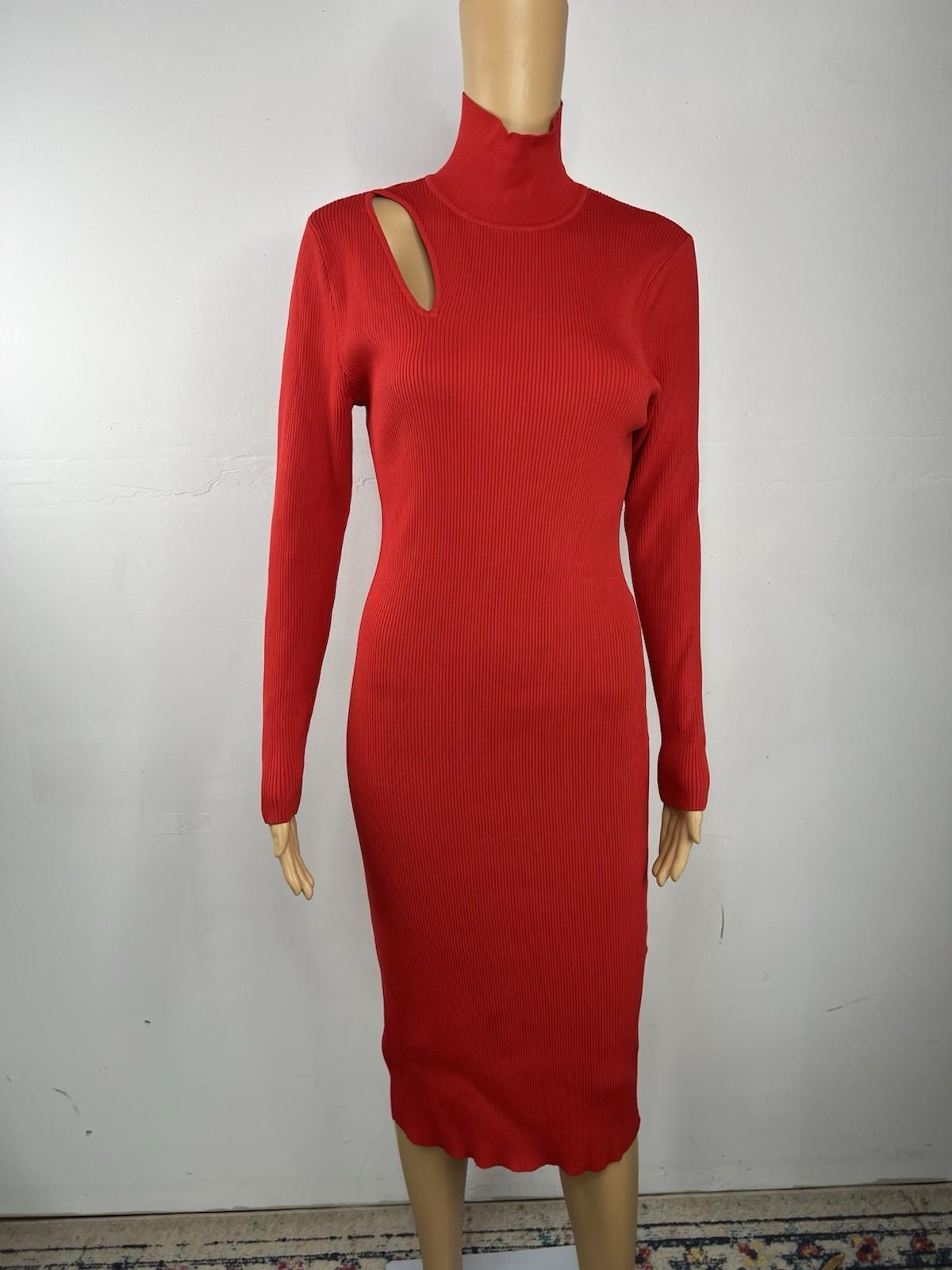 Gabrielle Union Tight Knit Sweater Dress Size L Red Long Sleeve Cutout Midi
