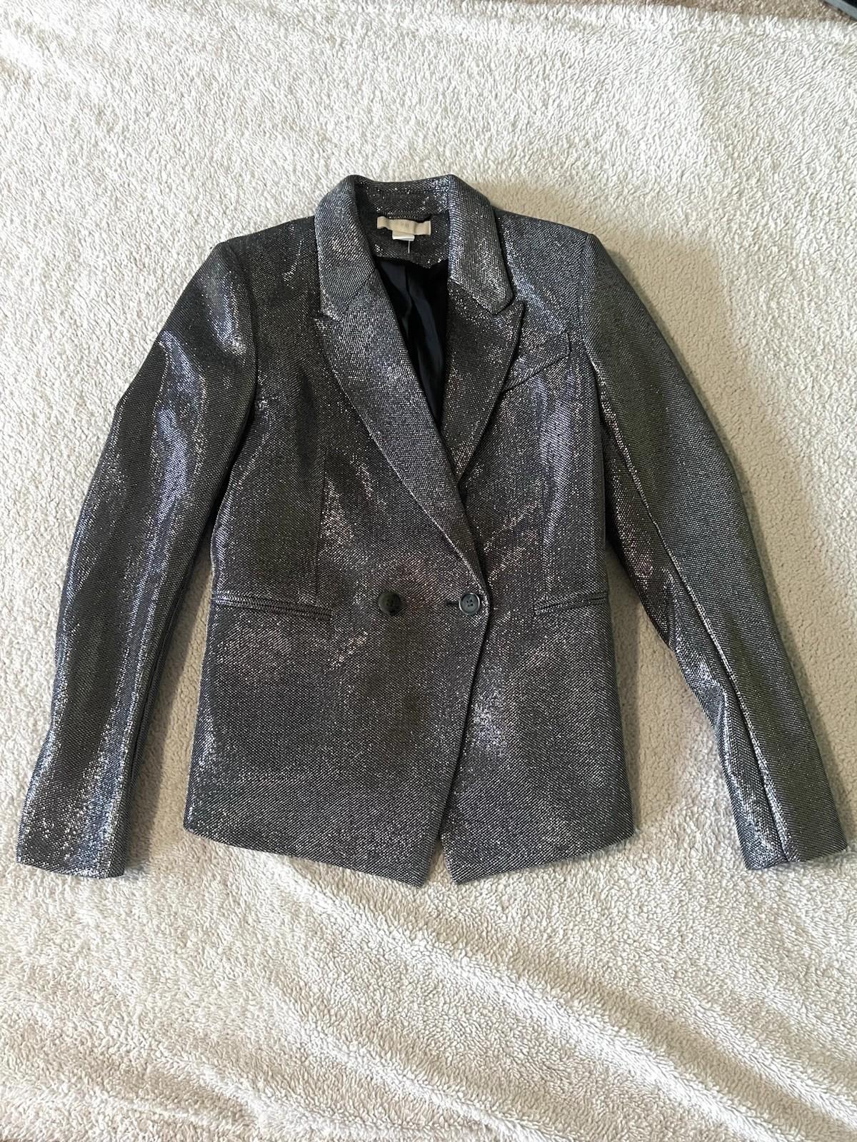H&M Trinny Woodall  Silver Double breasted Blazer Jacket US 6 Metallic Party Y2K