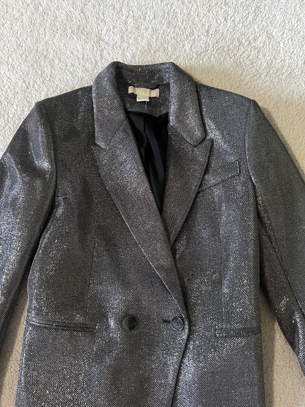 H&M Trinny Woodall  Silver Double breasted Blazer Jacket US 6 Metallic Party Y2K