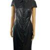 Calvin Klein Faux Leather Dress Size 4 Black Cap Sleeves Snap Button Fitted
