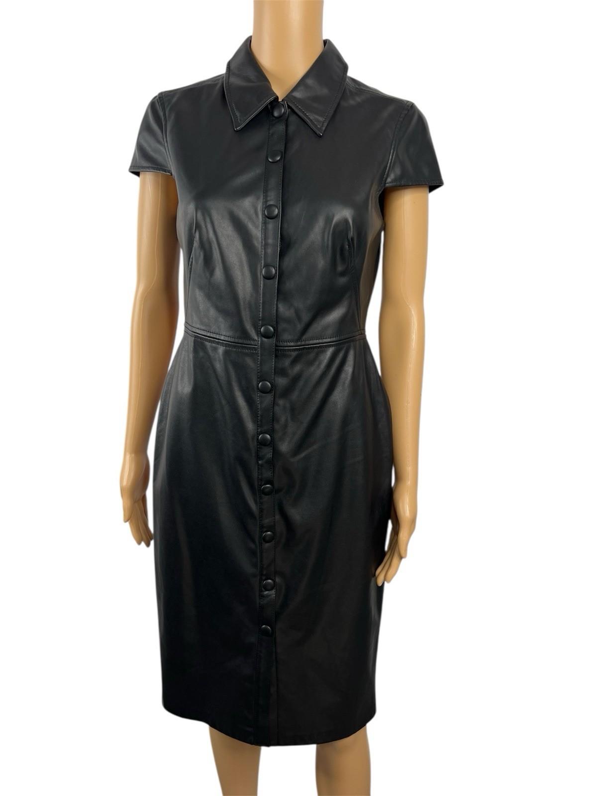 Calvin Klein Faux Leather Dress Size 4 Black Cap Sleeves Snap Button Fitted