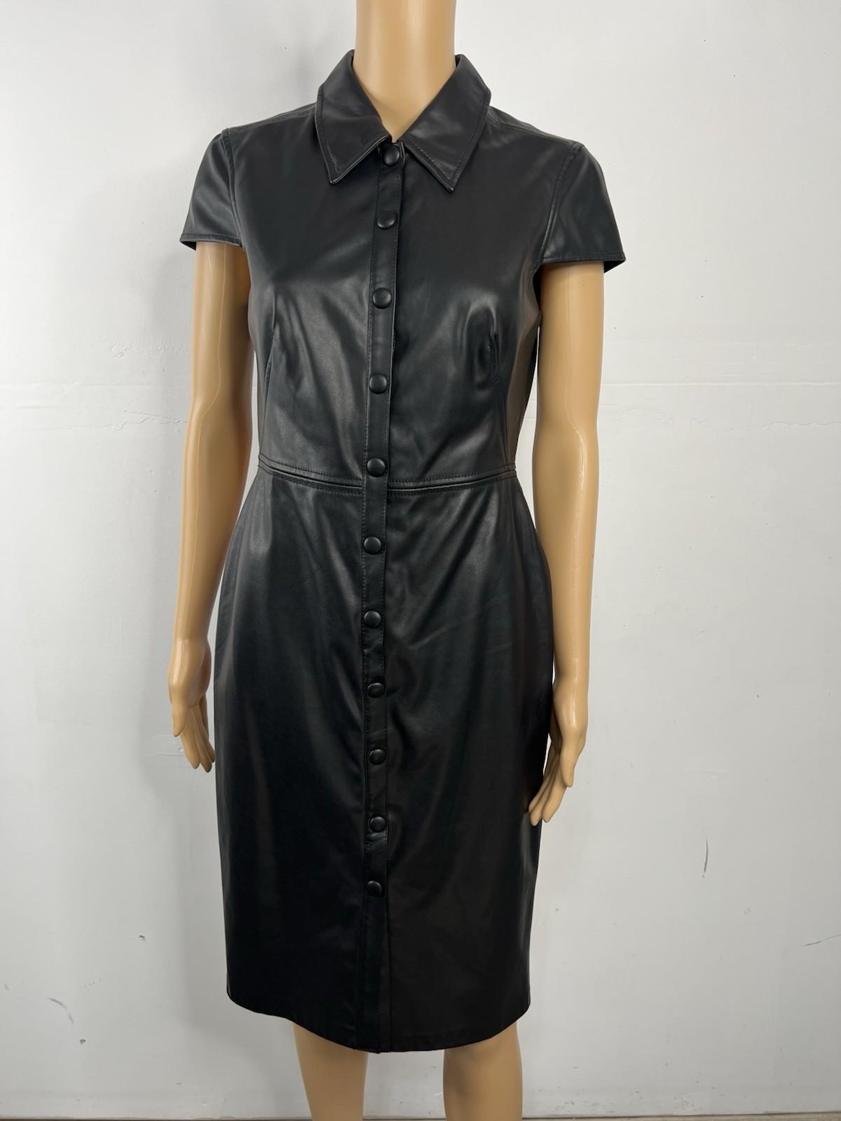 Calvin Klein Faux Leather Dress Size 4 Black Cap Sleeves Snap Button Fitted