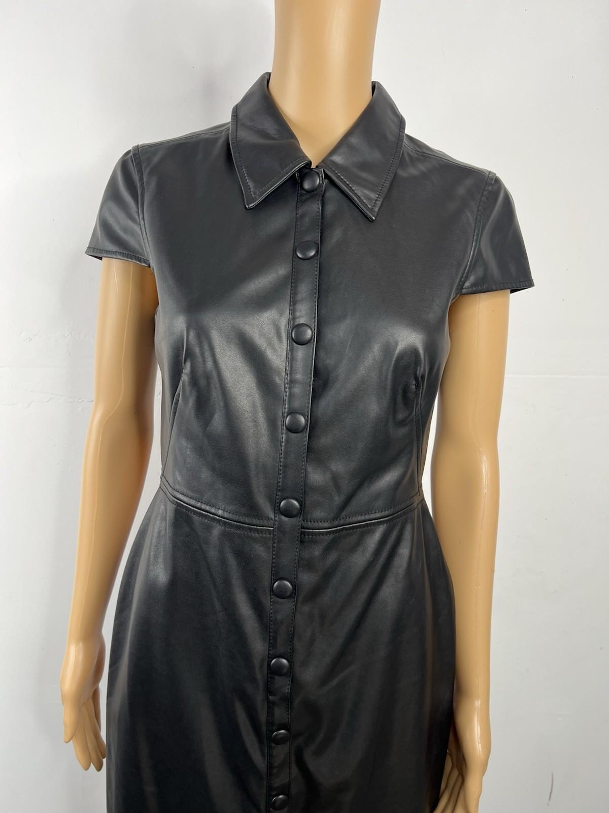 Calvin Klein Faux Leather Dress Size 4 Black Cap Sleeves Snap Button Fitted