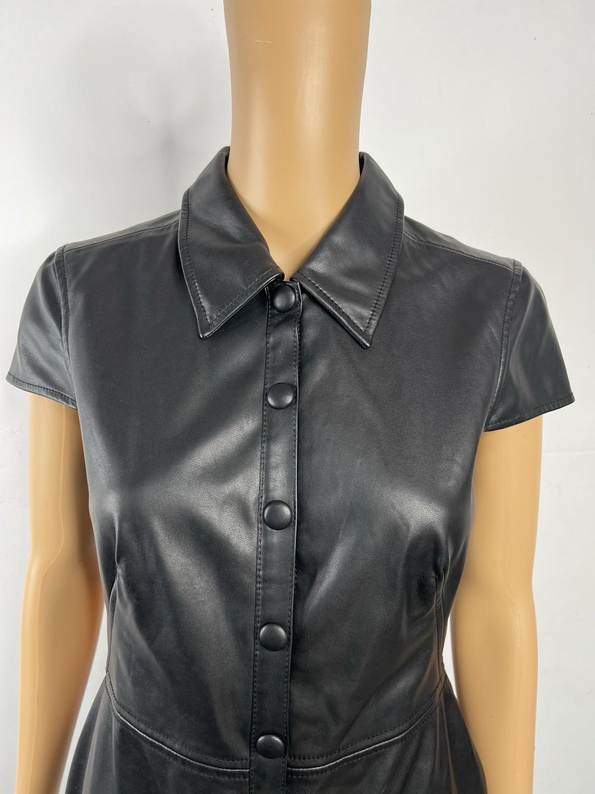 Calvin Klein Faux Leather Dress Size 4 Black Cap Sleeves Snap Button Fitted