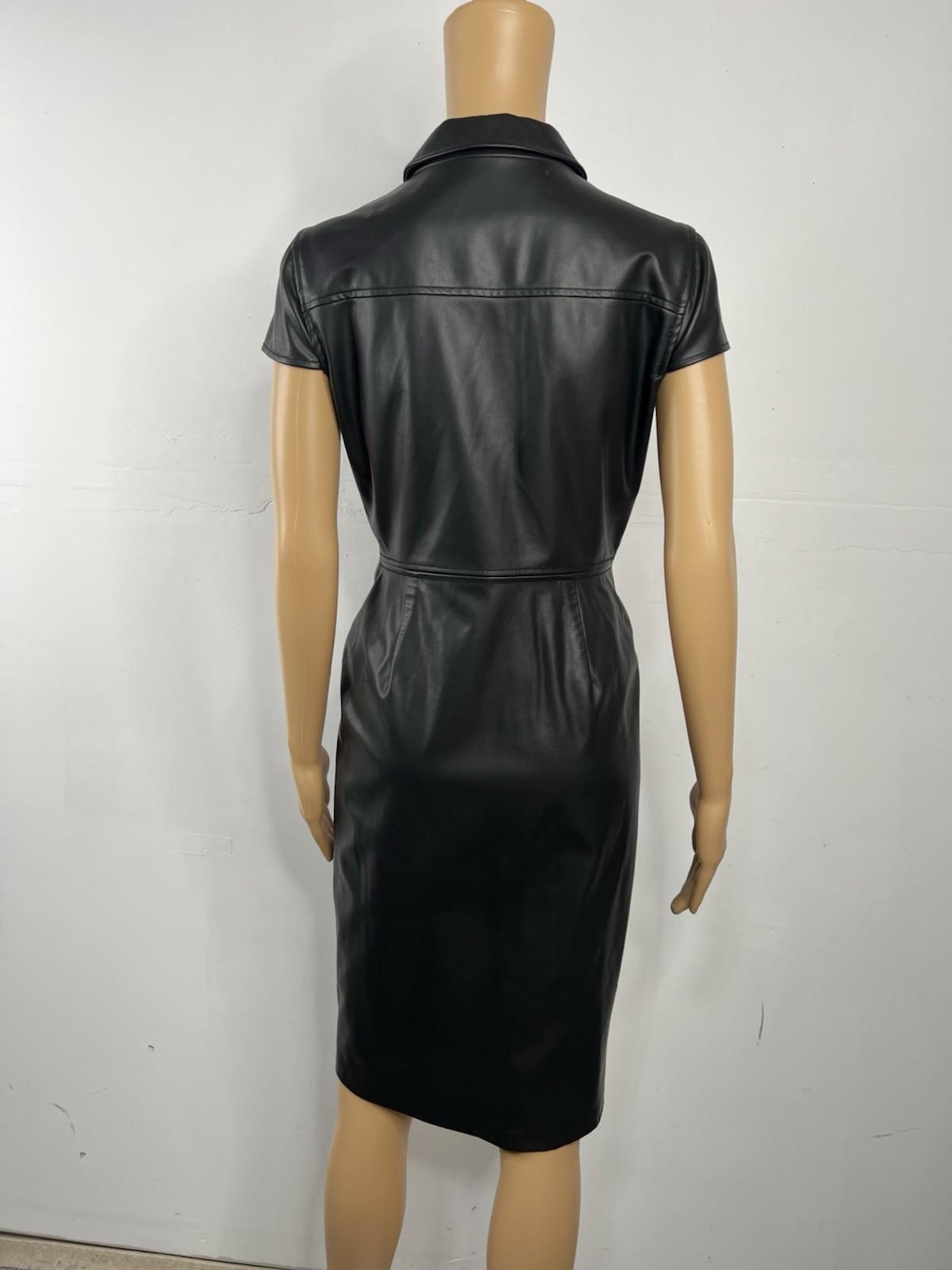 Calvin Klein Faux Leather Dress Size 4 Black Cap Sleeves Snap Button Fitted