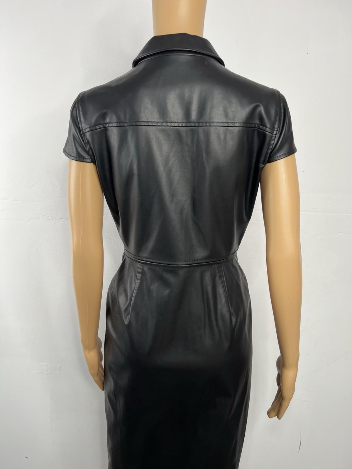 Calvin Klein Faux Leather Dress Size 4 Black Cap Sleeves Snap Button Fitted