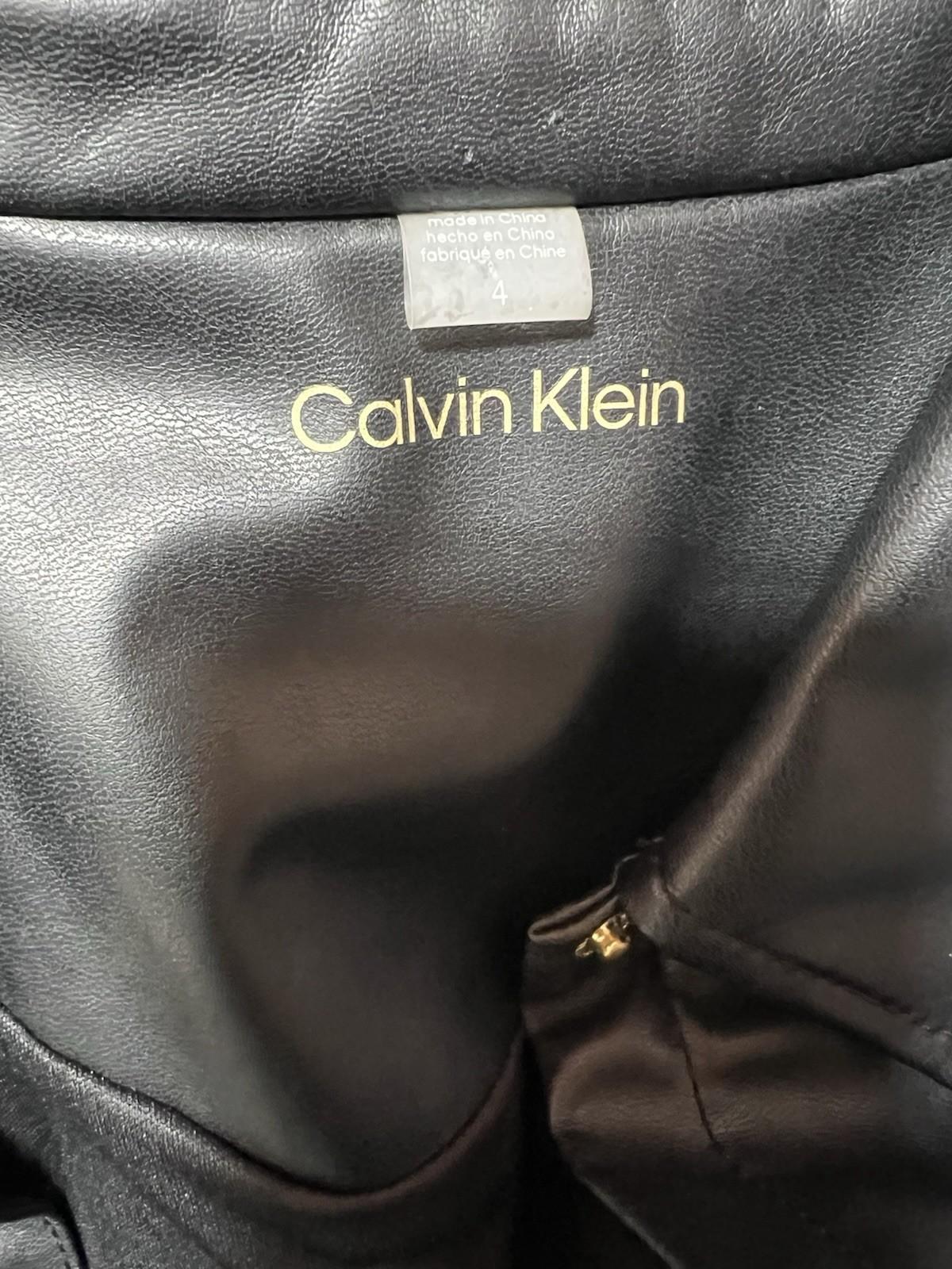 Calvin Klein Faux Leather Dress Size 4 Black Cap Sleeves Snap Button Fitted