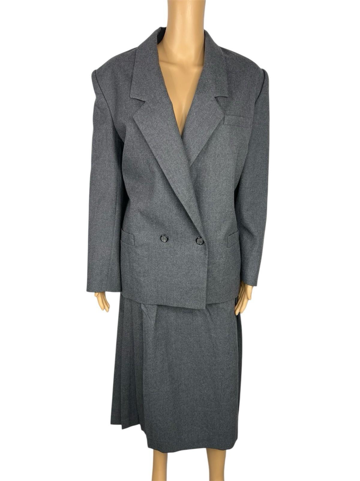 Chrisian Dior Vintage Wool Skirt Suit 16 Gray Double Breasted Pleated Pockets