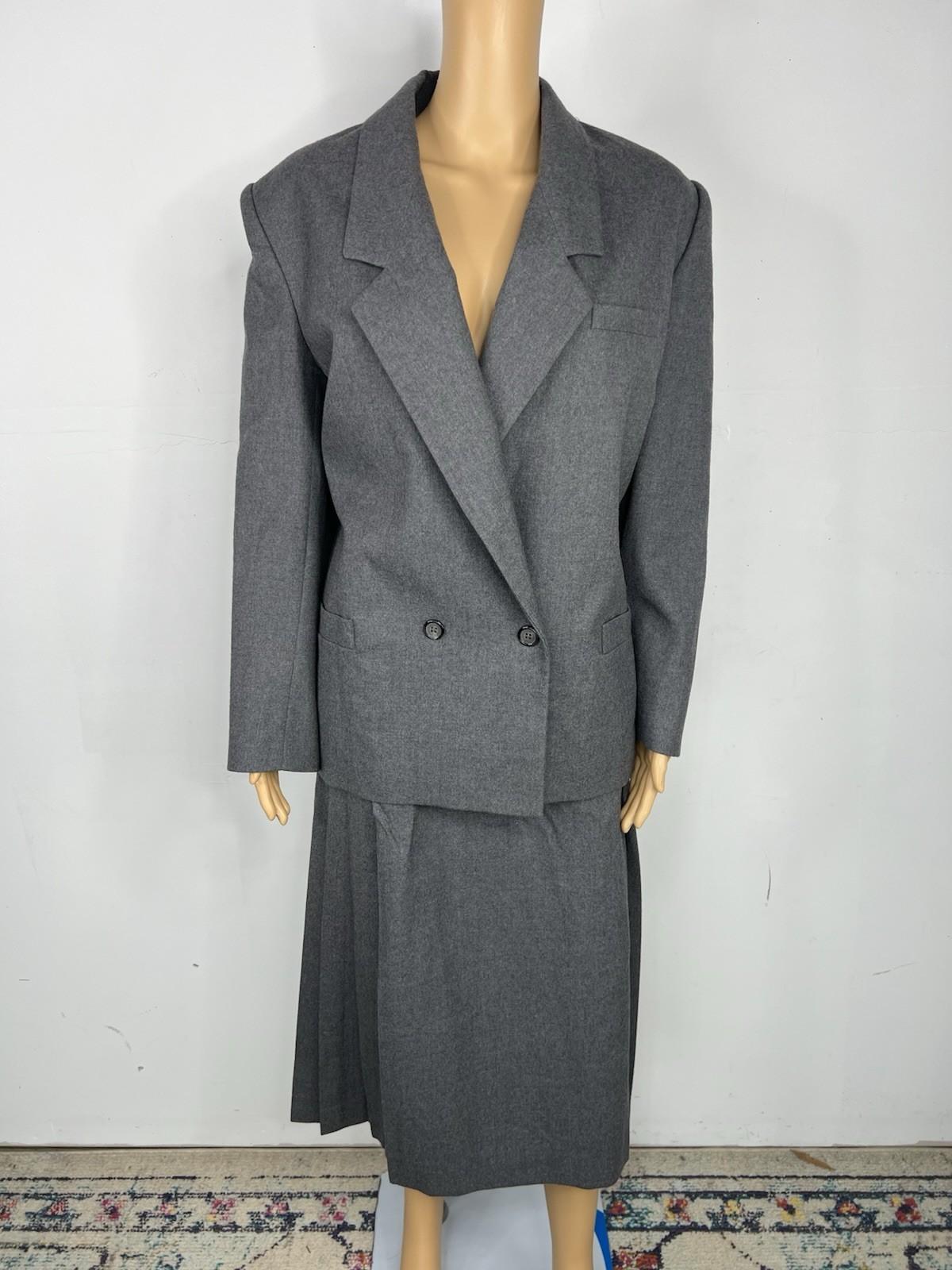 Chrisian Dior Vintage Wool Skirt Suit 16 Gray Double Breasted Pleated Pockets