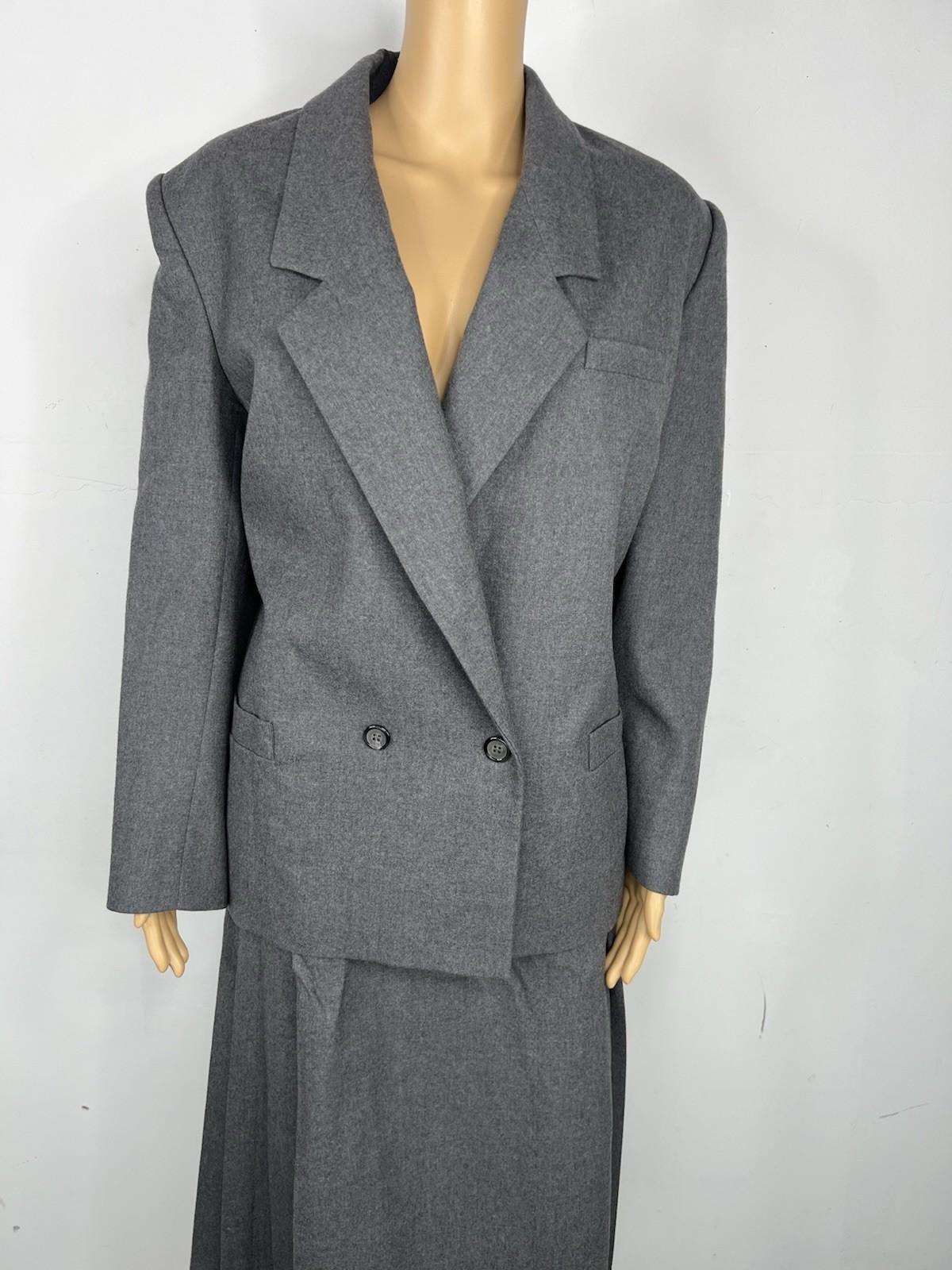Chrisian Dior Vintage Wool Skirt Suit 16 Gray Double Breasted Pleated Pockets