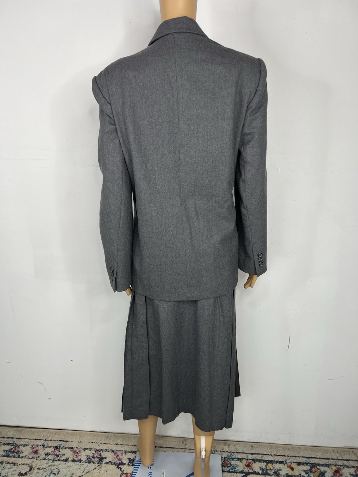 Chrisian Dior Vintage Wool Skirt Suit 16 Gray Double Breasted Pleated Pockets