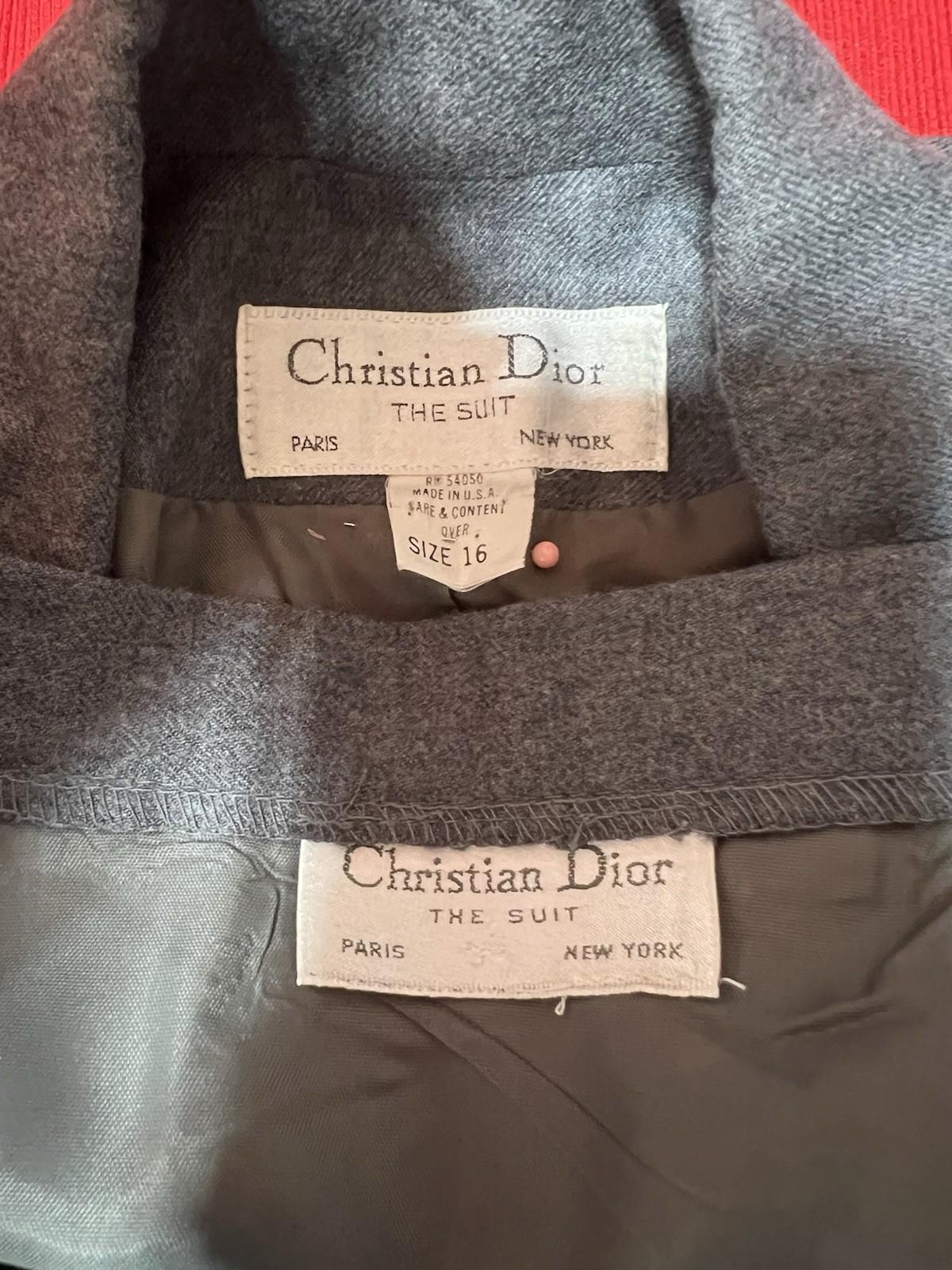Chrisian Dior Vintage Wool Skirt Suit 16 Gray Double Breasted Pleated Pockets