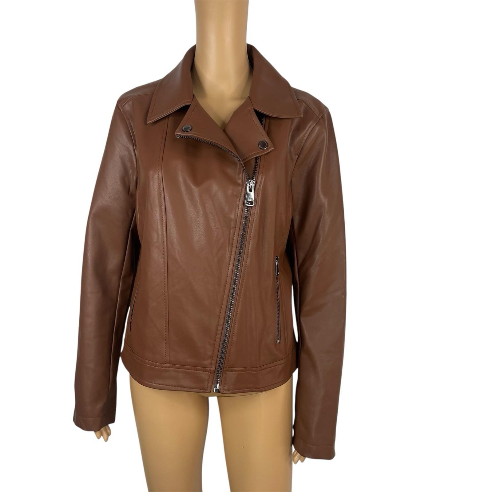 Kenneth Cole Faux Leather Moto Jacket Size L Cognac Asymmetrical Notch Collar