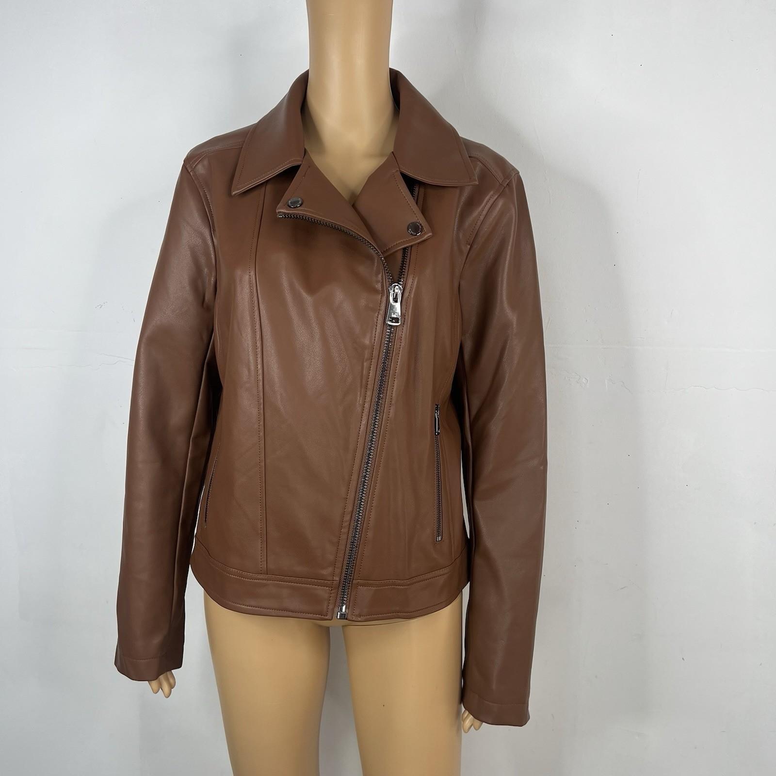 Kenneth Cole Faux Leather Moto Jacket Size L Cognac Asymmetrical Notch Collar
