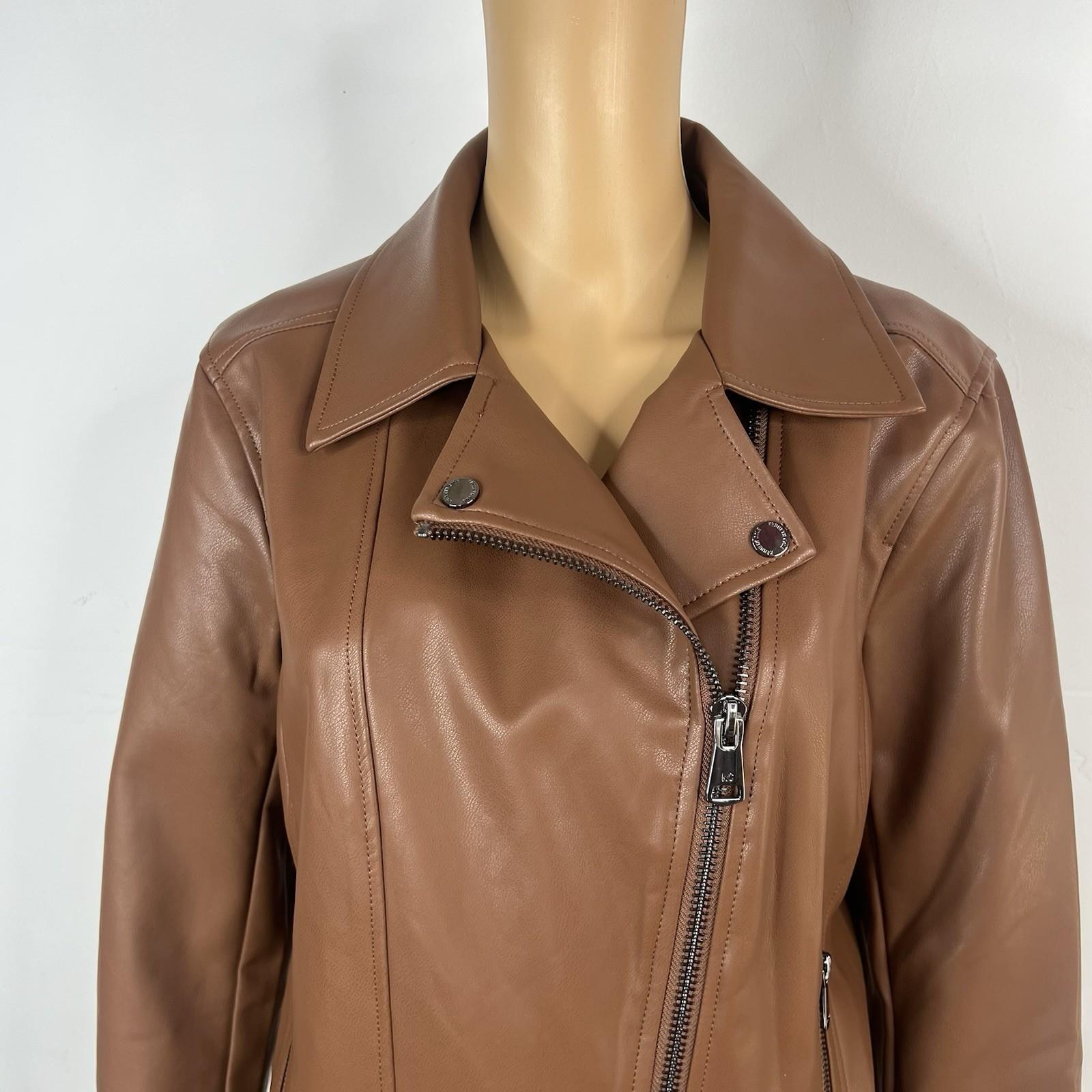 Kenneth Cole Faux Leather Moto Jacket Size L Cognac Asymmetrical Notch Collar