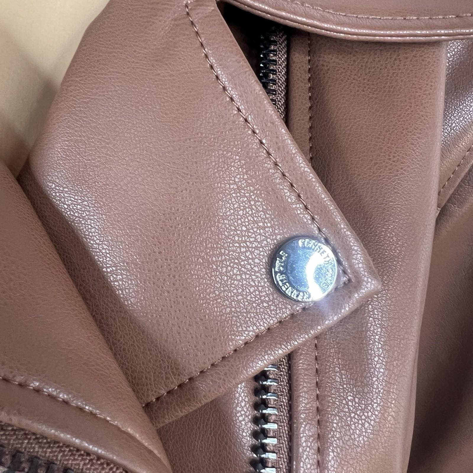 Kenneth Cole Faux Leather Moto Jacket Size L Cognac Asymmetrical Notch Collar