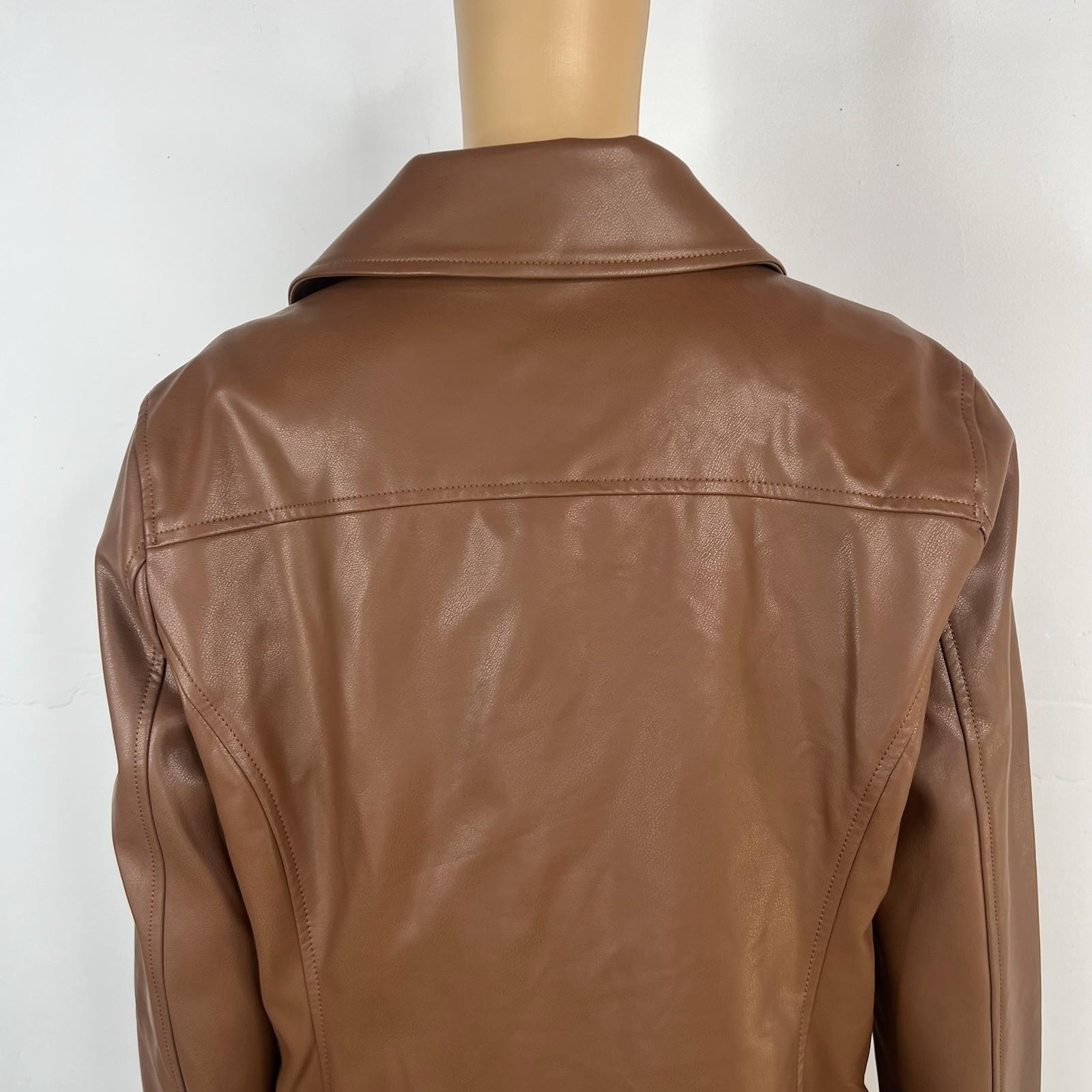 Kenneth Cole Faux Leather Moto Jacket Size L Cognac Asymmetrical Notch Collar