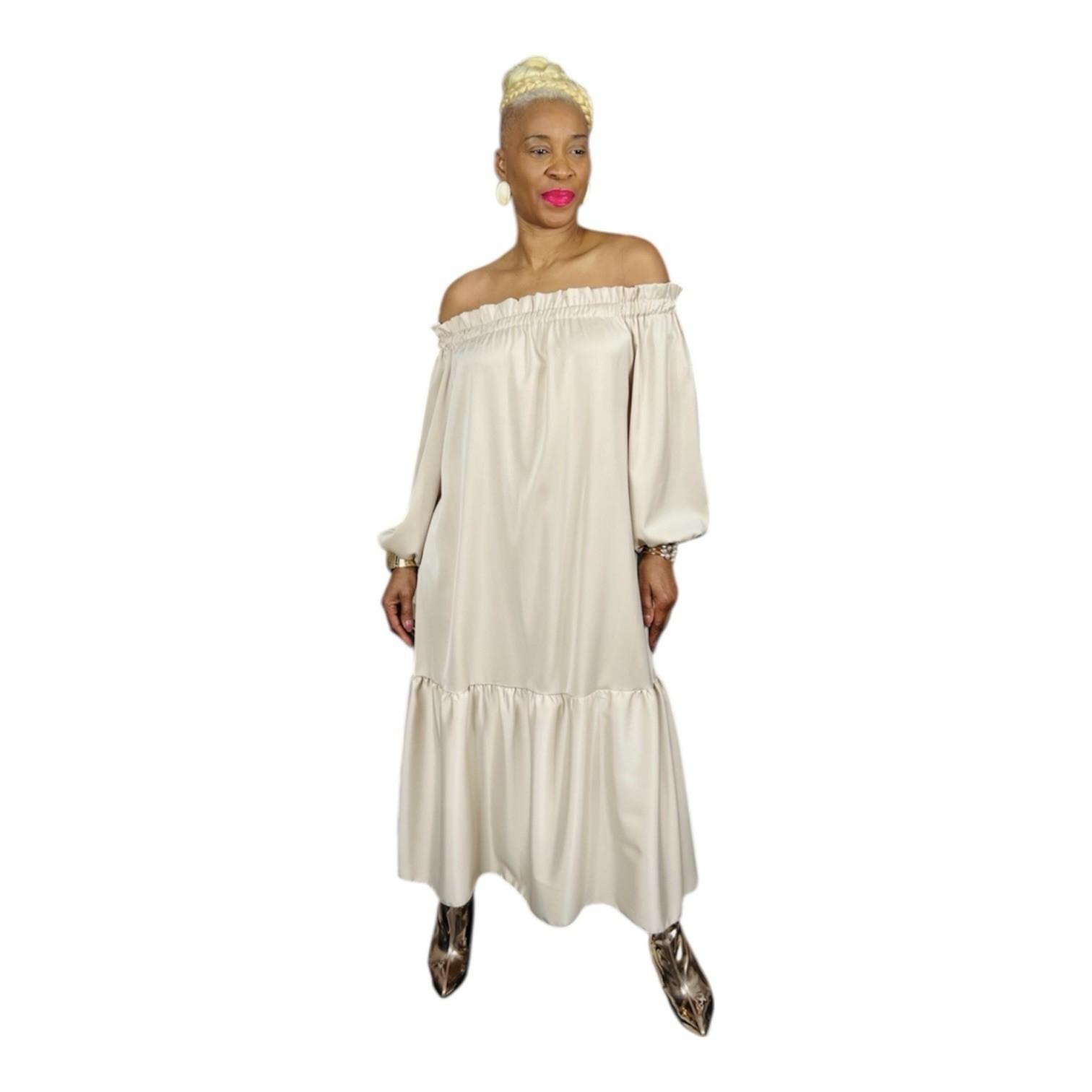 Madison Silky Like Off Shoulder Maxi Dress Size M Beige Made In Italy Ruffle