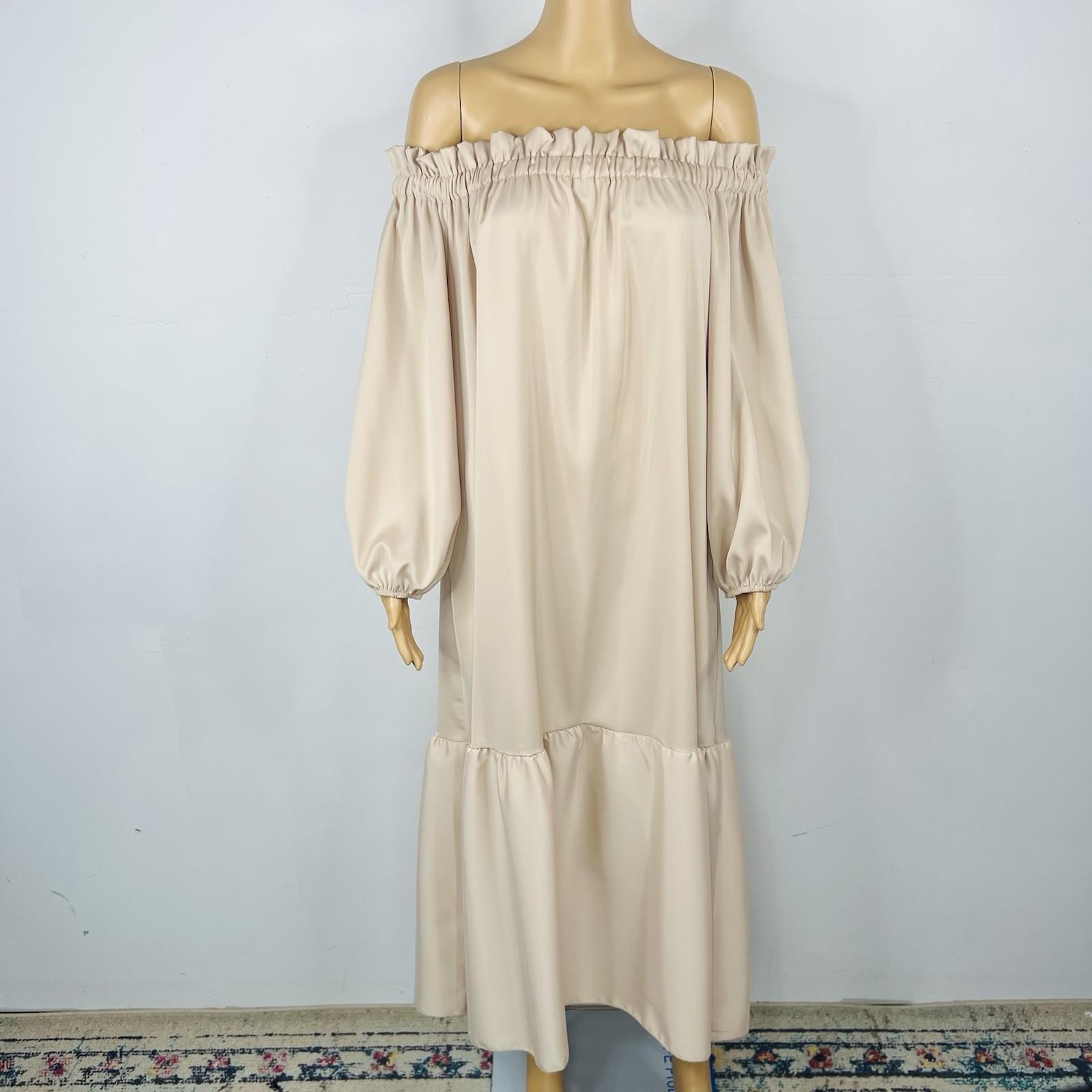 Madison Silky Like Off Shoulder Maxi Dress Size M Beige Made In Italy Ruffle