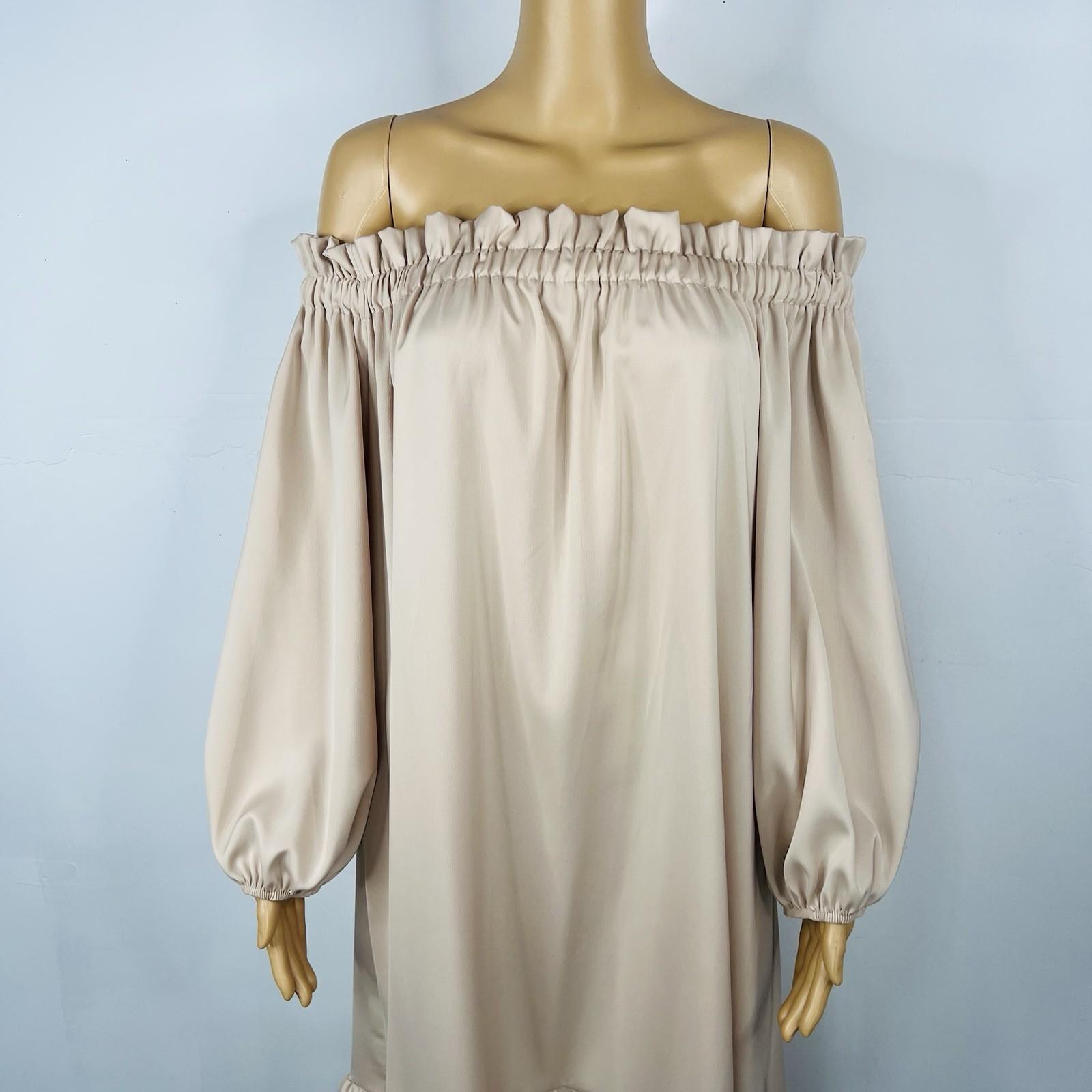 Madison Silky Like Off Shoulder Maxi Dress Size M Beige Made In Italy Ruffle