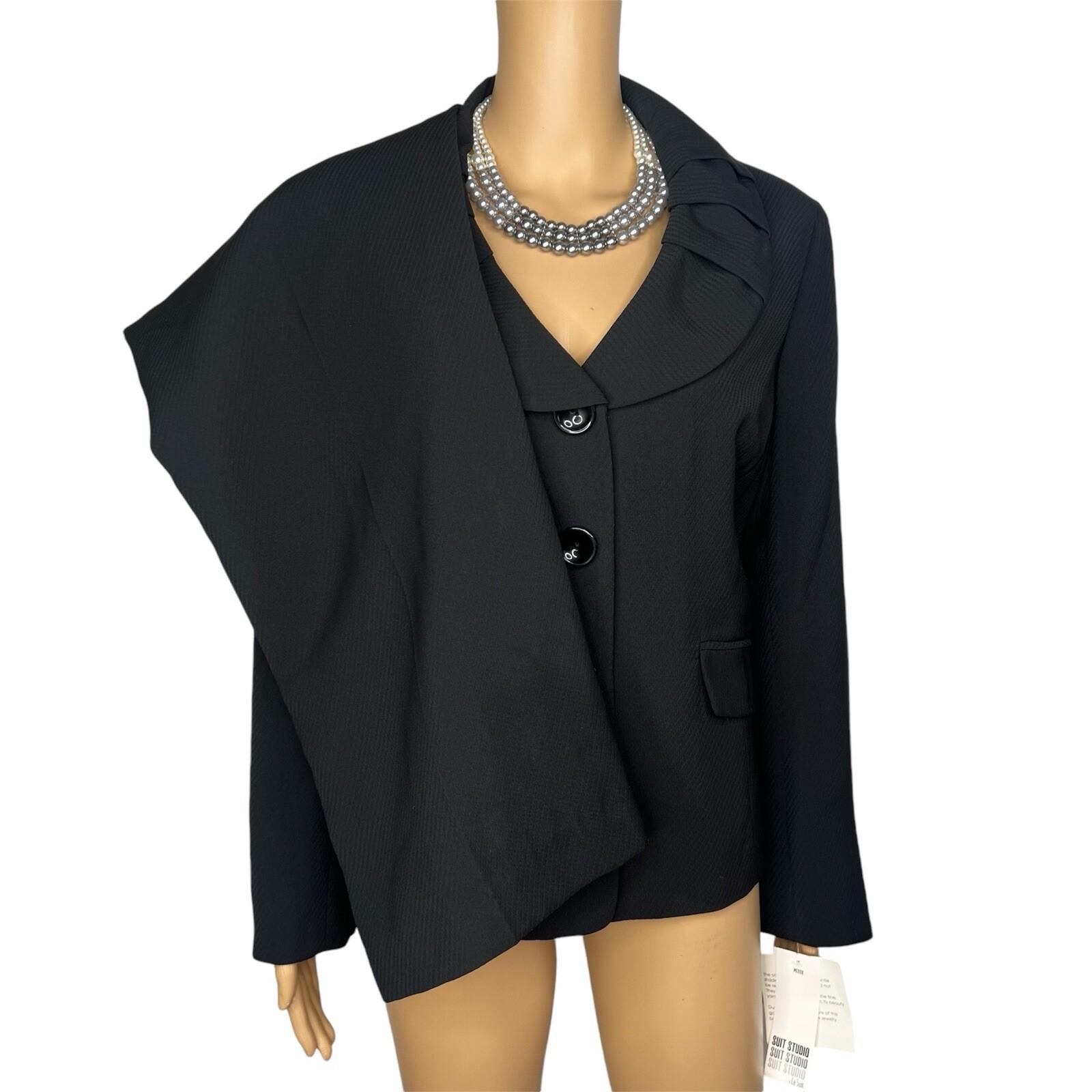 Suit Studio Polyester Pant Suit Size 14P Black Ruffle Shawl Collar Lined 2PC New