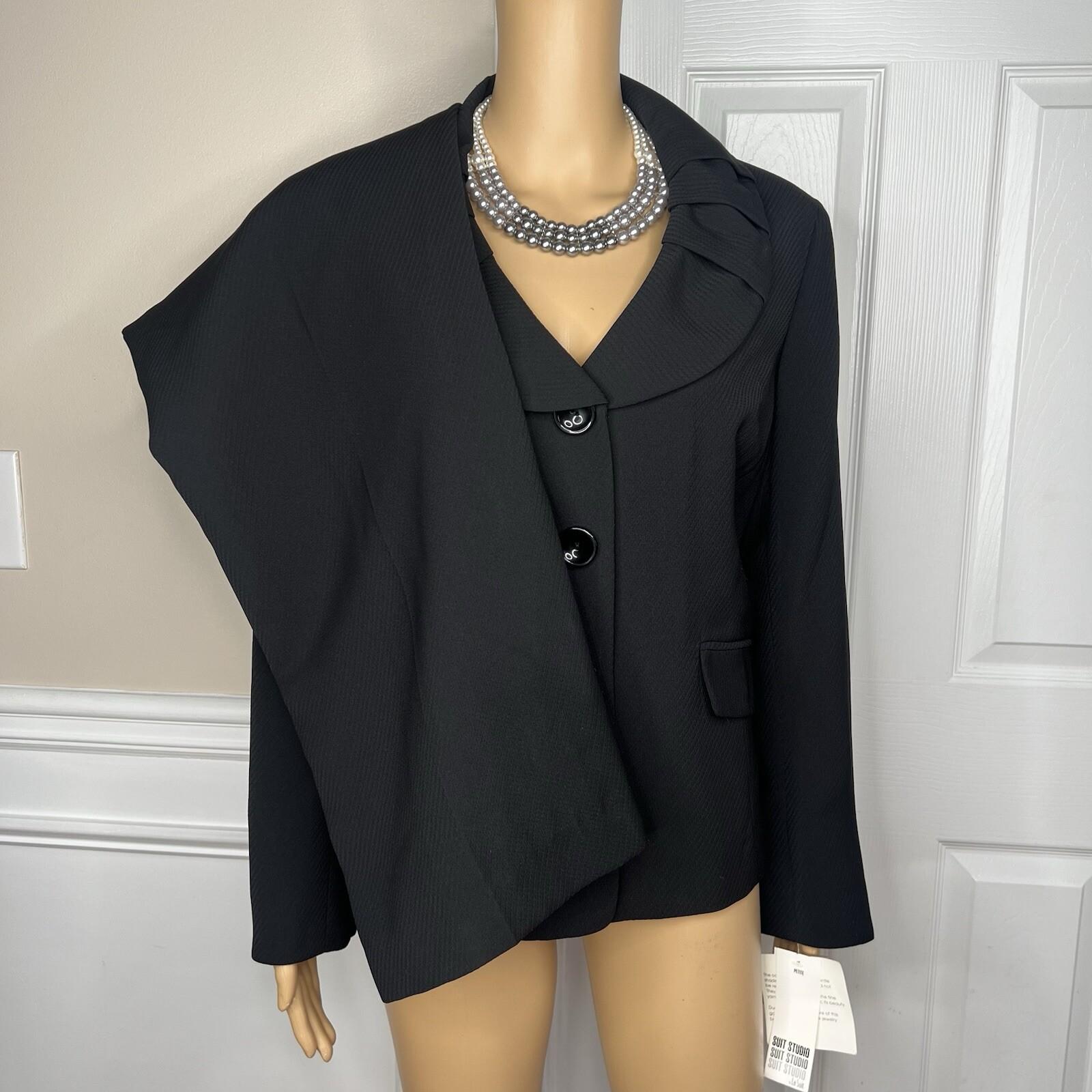 Suit Studio Polyester Pant Suit Size 14P Black Ruffle Shawl Collar Lined 2PC New
