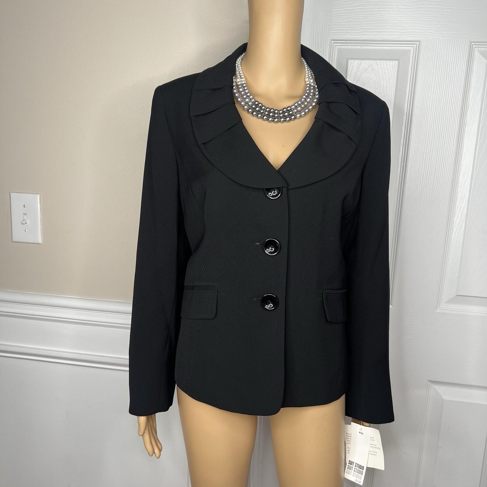 Suit Studio Polyester Pant Suit Size 14P Black Ruffle Shawl Collar Lined 2PC New