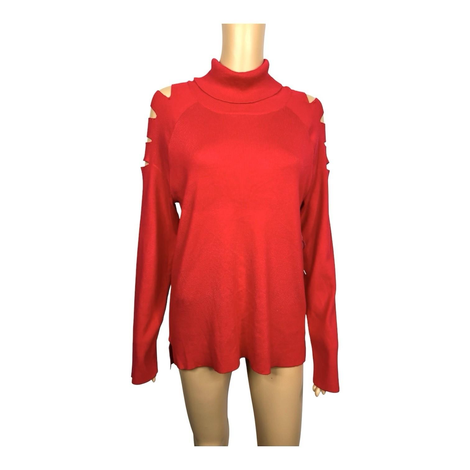 Cyrus Women Turtleneck Sweater Size M Red CuT Out Sleeves High Low Knit New