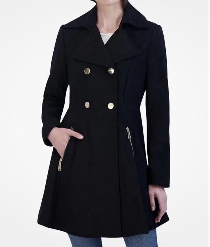 Laundry Shelli Segal Women Wool Blend M Black Double-Breasted Skirted PeaCoat