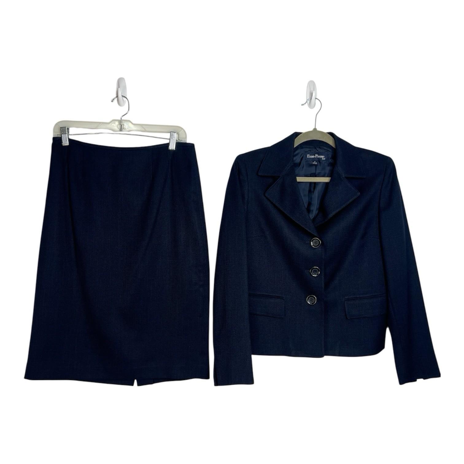 Evan Picone Polyester Skirt Suit Size 8 Blue Notch Collar Business 2PC Timeless