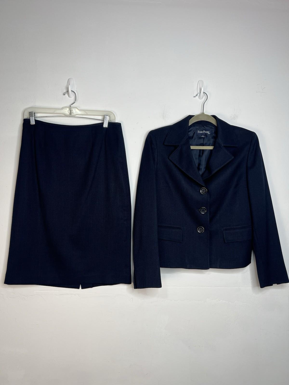 Evan Picone Polyester Skirt Suit Size 8 Blue Notch Collar Business 2PC Timeless