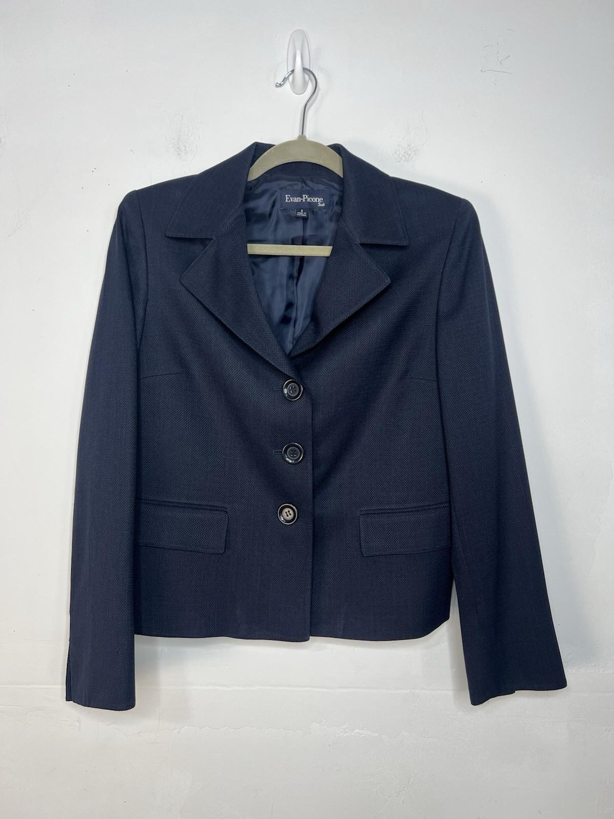 Evan Picone Polyester Skirt Suit Size 8 Blue Notch Collar Business 2PC Timeless